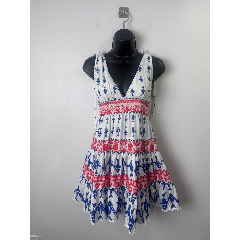 Farm Rio Graphic Fishes Mini Dress White Blue Red Nautical Fish Coral Tiered XS